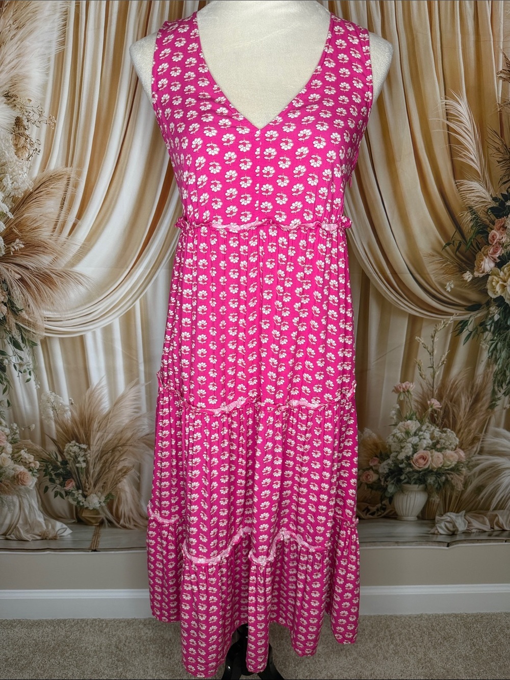 J. Crew Pink Daisy-Print Tiered Midi Dress